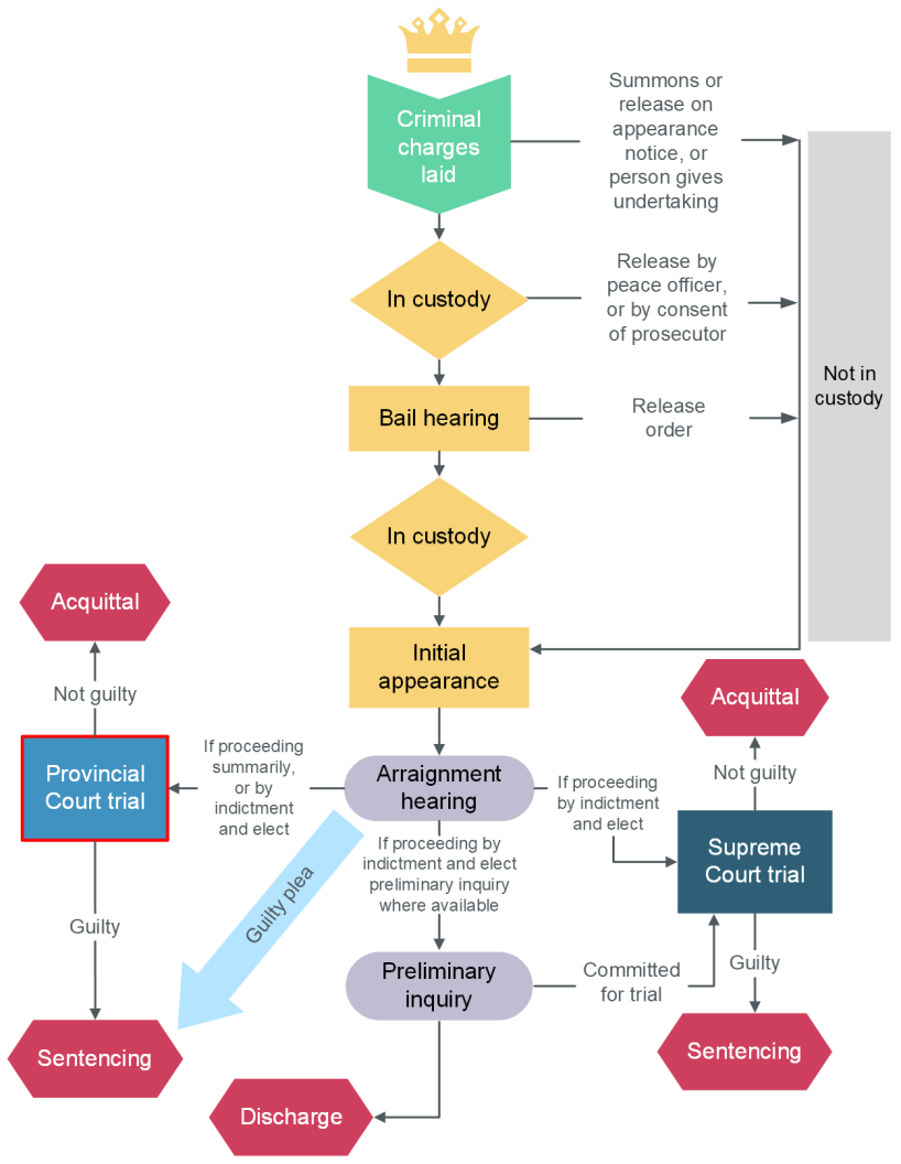 Flowchart of steps in a criminal case highlighting the stage of provincial court trial.