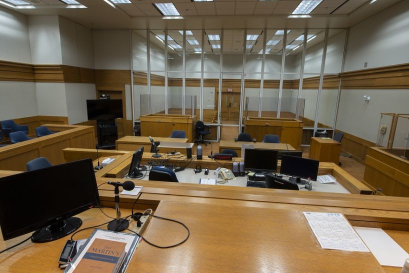Inside surrey courtroom, view from judge's bench.